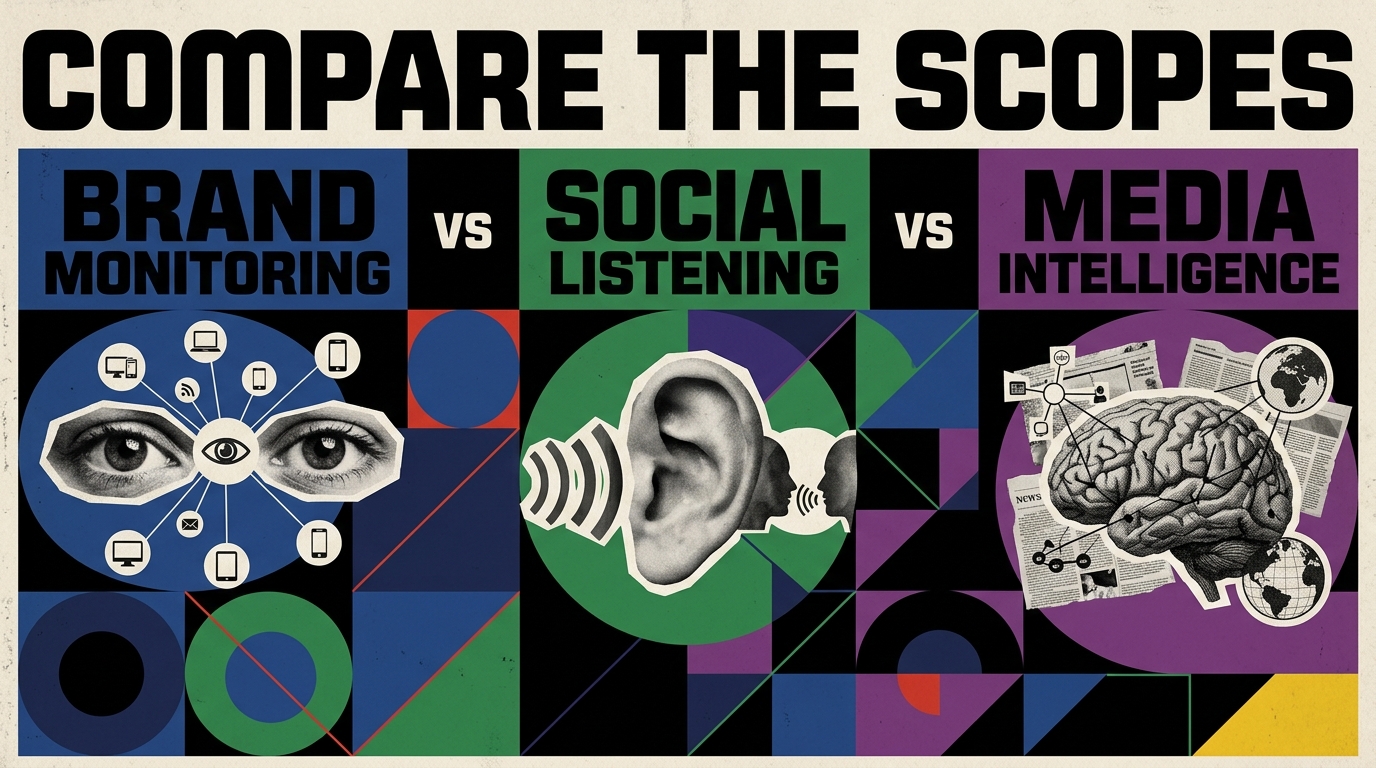 Brand monitoring tracks named-entity mentions of one brand across digital surfaces. Social listening adds topic and conversation tracking on top, capturing discussions that never name the brand. Media intelligence adds traditional press, TV, and ecommerce reviews. The three are nested, not synonyms · social listening is a superset of brand monitoring, and media intelligence is a superset of social listening. Sentia spans all three in one workspace, which is why teams in 2026 stop paying for two separate tools.